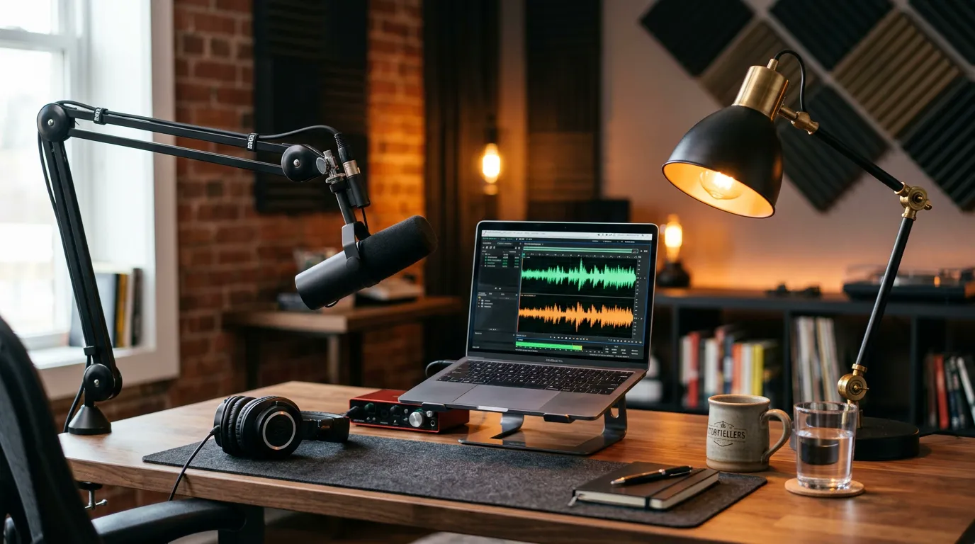 Podcast recording setup with microphone and laptop