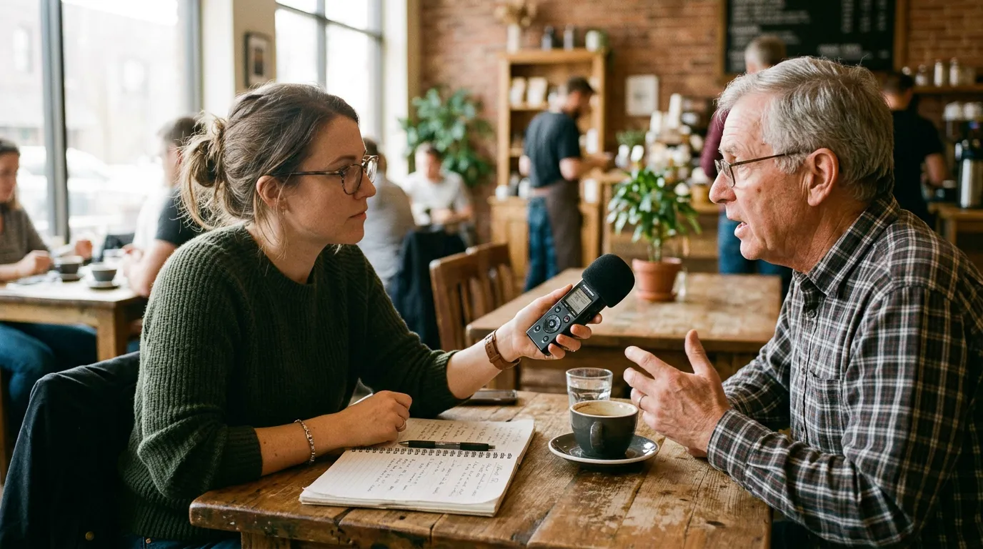 Journalist conducting an interview with recorder