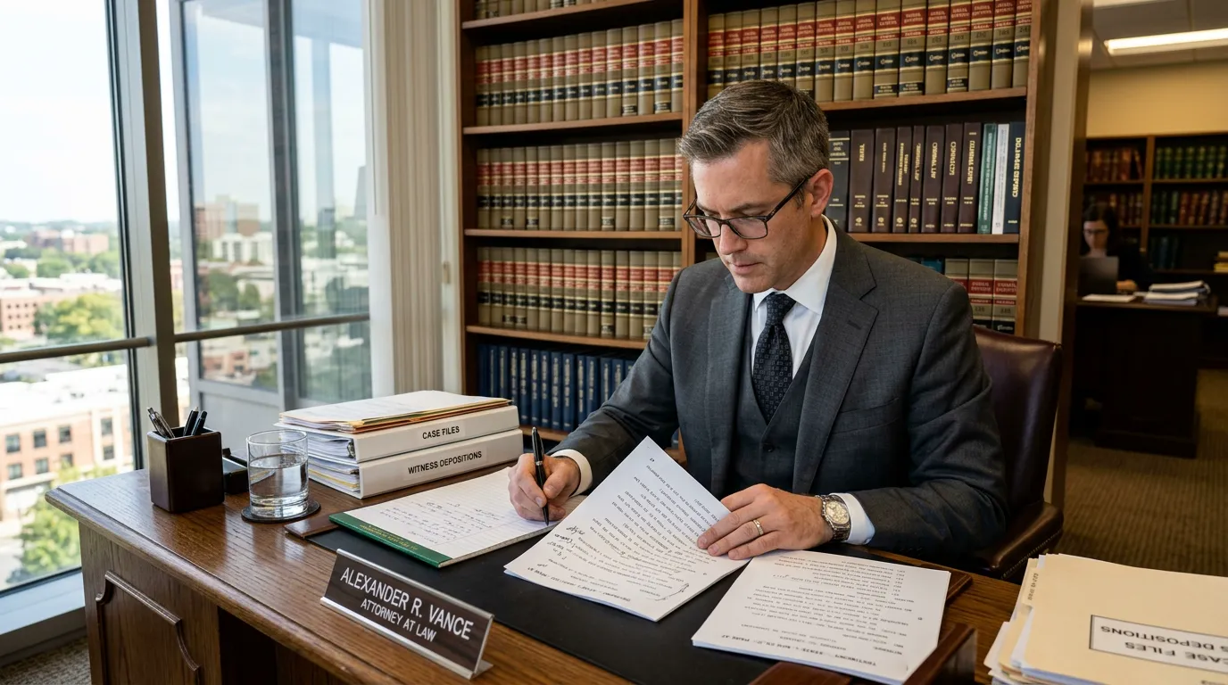 Legal professional reviewing transcription notes
