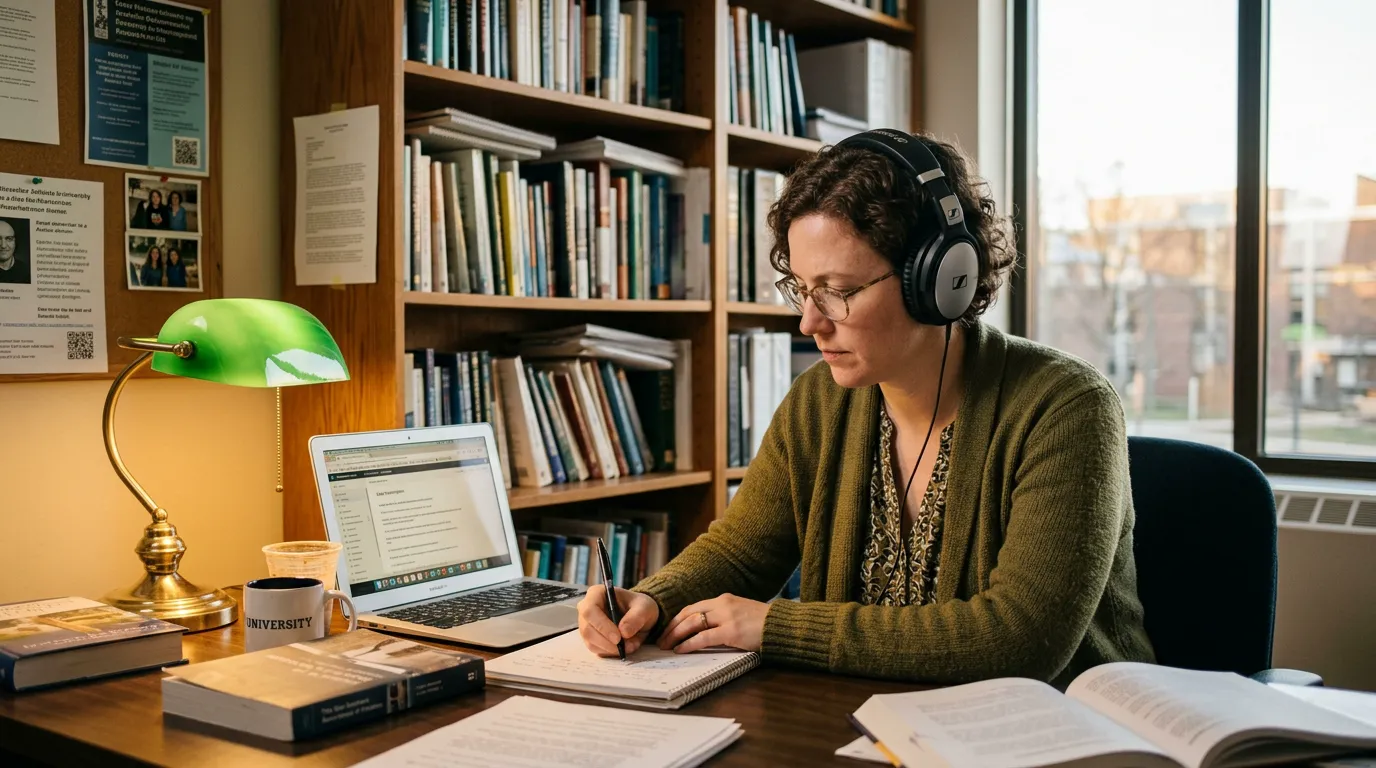 Researcher transcribing interview recordings