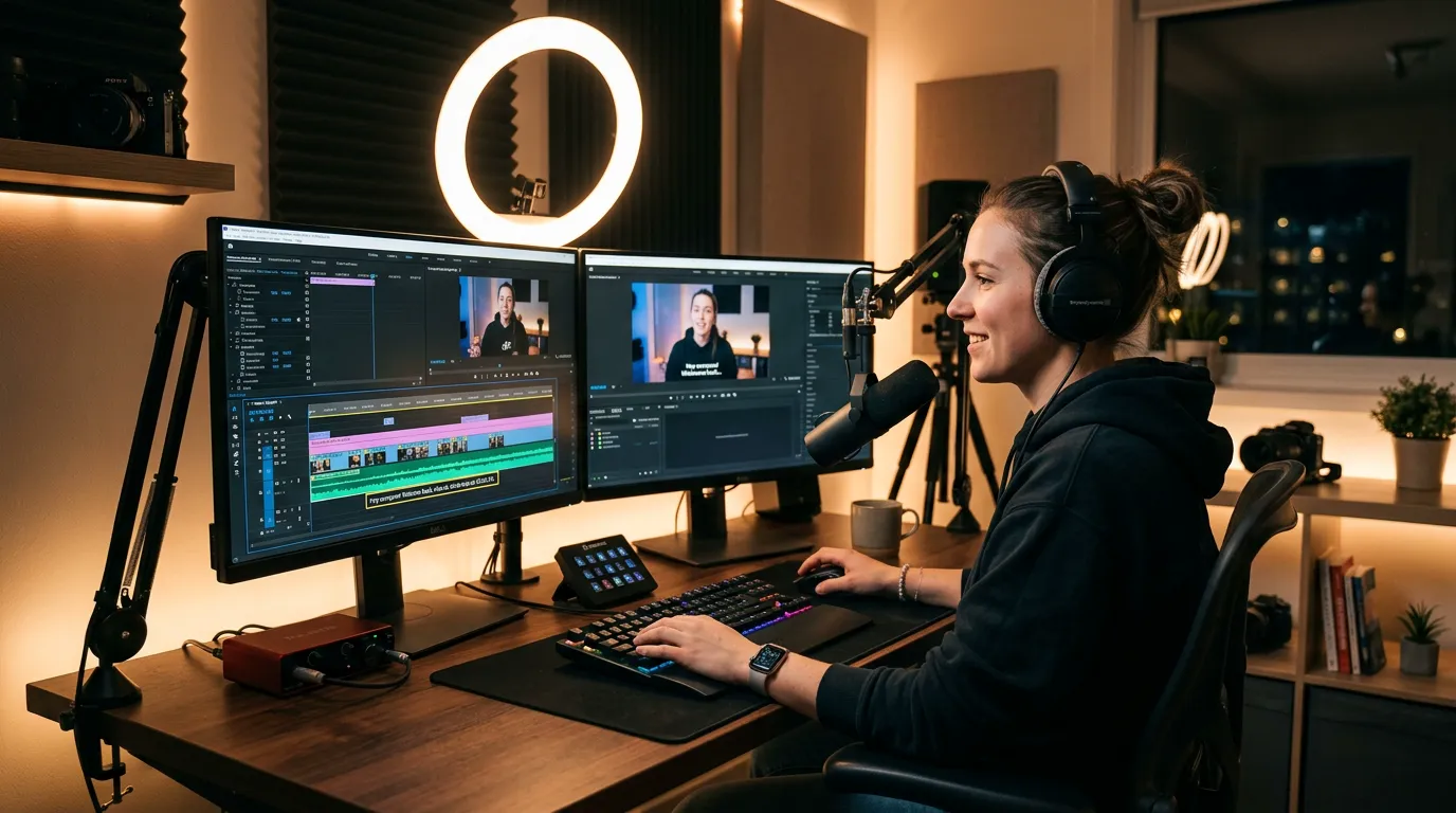 Content creator editing video with transcript