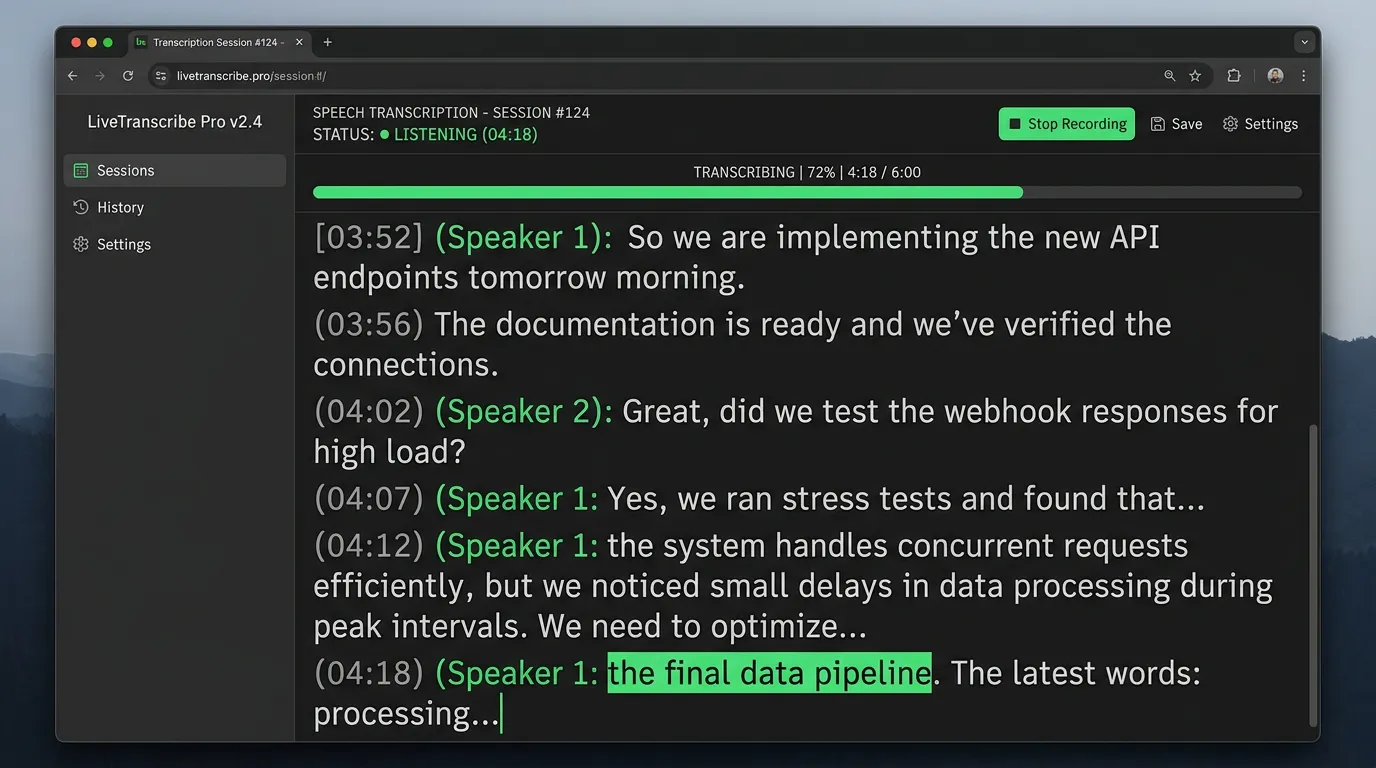 Transcription in progress with real-time segments