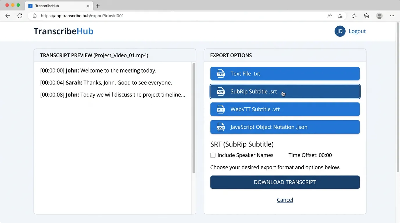 Export format options in Whisper Web